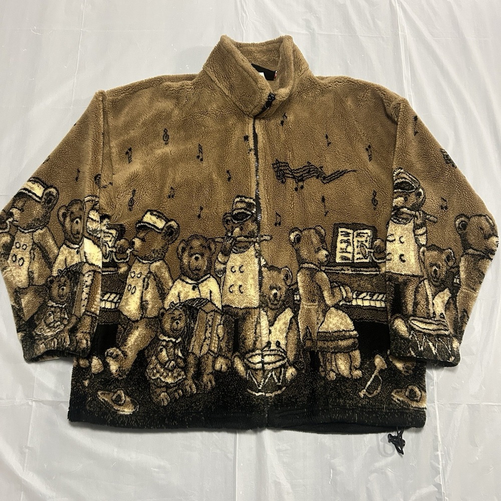 Vtg 90s Cobblestone Canyon Teddy Bear Medium Fleece Jacket Wrap Around Zip-Up